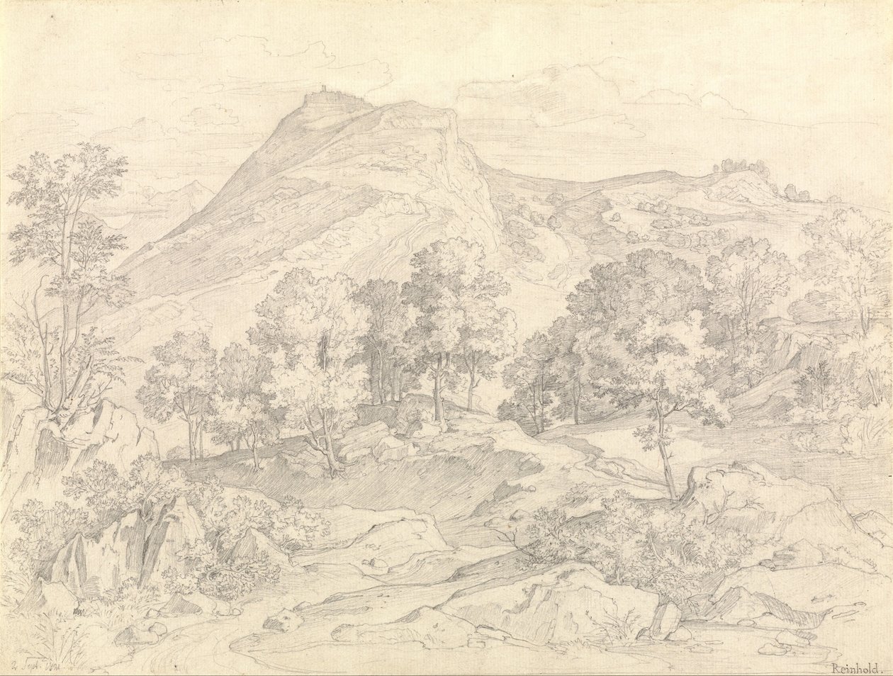 Uitzicht op Civitella vanaf de Serpentara naast Olevano door Heinrich Reinhold