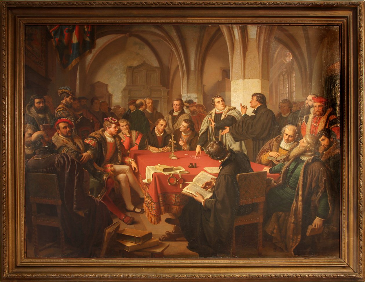 August Noack religieuze dialoog in kasteel Marburg 1869 met lijst door Heinrich Stürzl