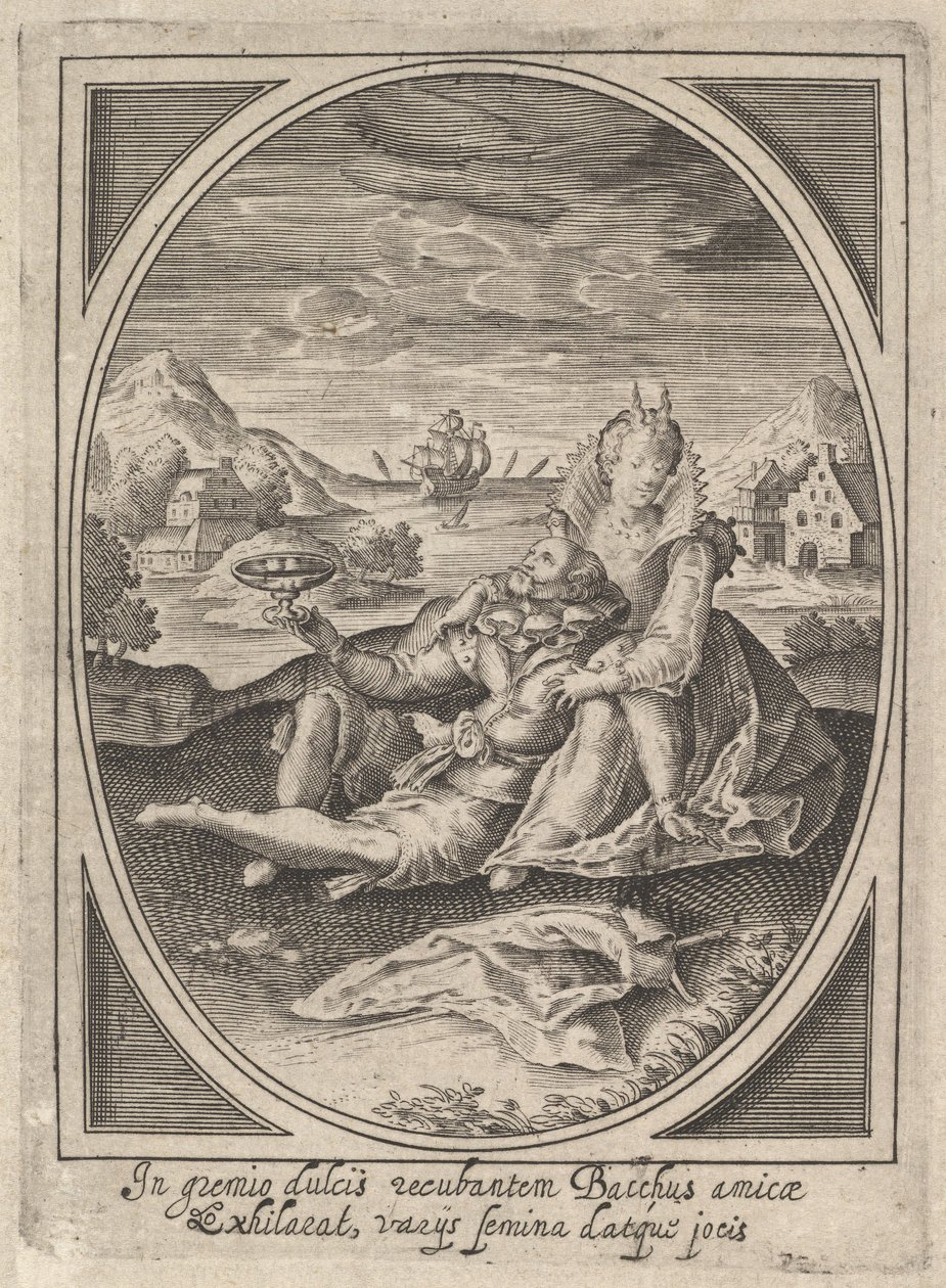 Een koppel zittend op de grond, de man houdt een beker vast en leunt tegen de..., ca. 1585-1621 door Heinrich Ulrich