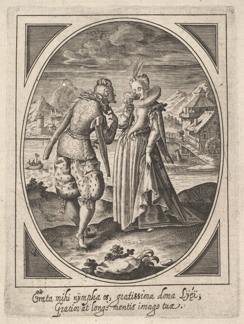 Een man stapt naar een vrouw die een beker naar haar mond brengt, een watermolen en berg..., ca. 1585-1621 door Heinrich Ulrich