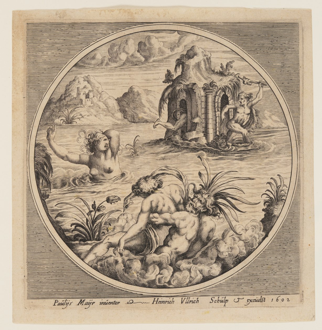 Mythologisch zeevoorwerp in een cirkel door Heinrich Ulrich