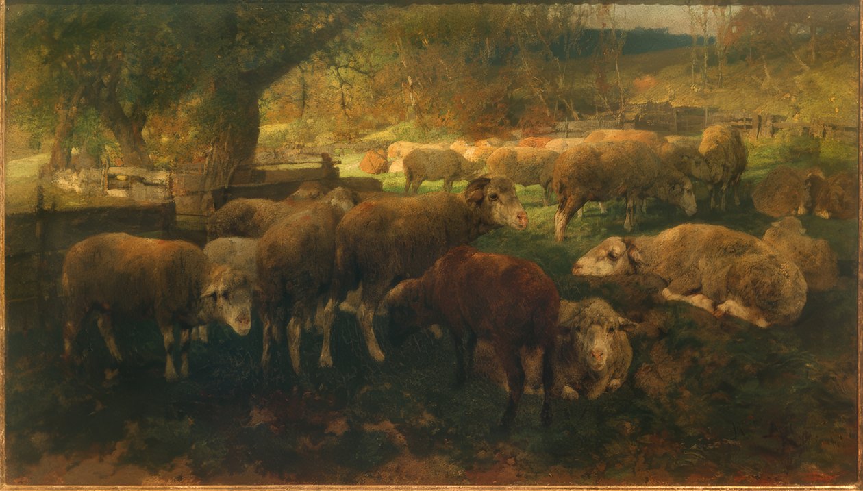 Schapen onder bomen door Heinrich von Zügel