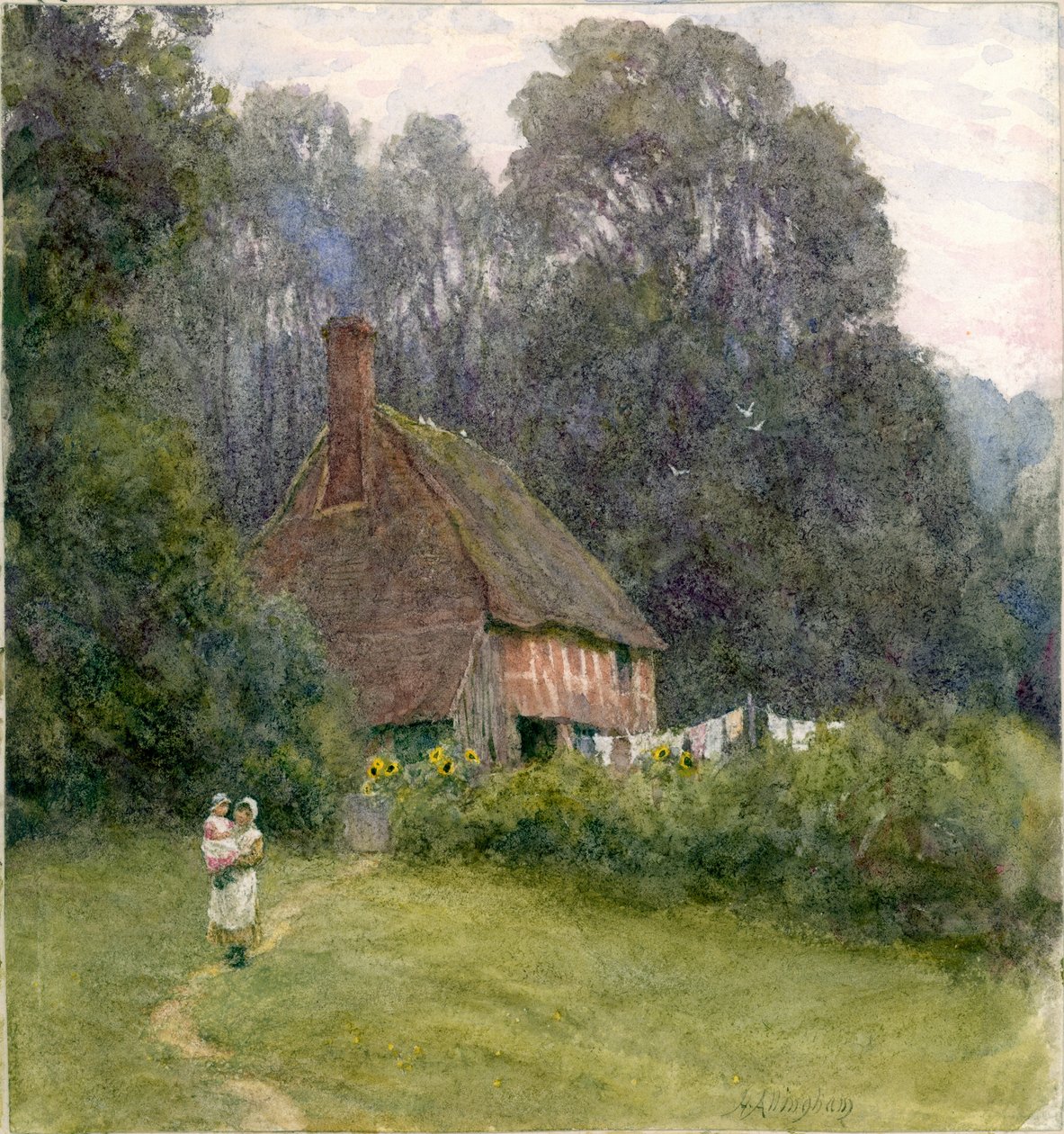 Cottage met figuren door Helen Allingham