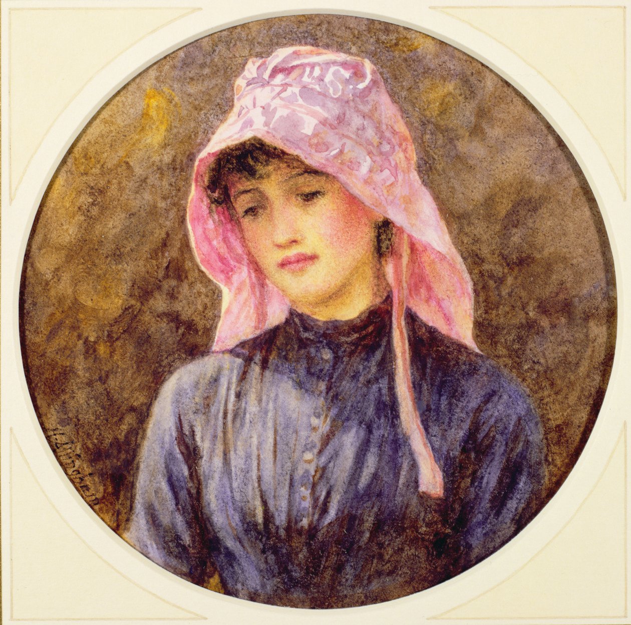Portret van een meisje met een roze hoed door Helen Allingham