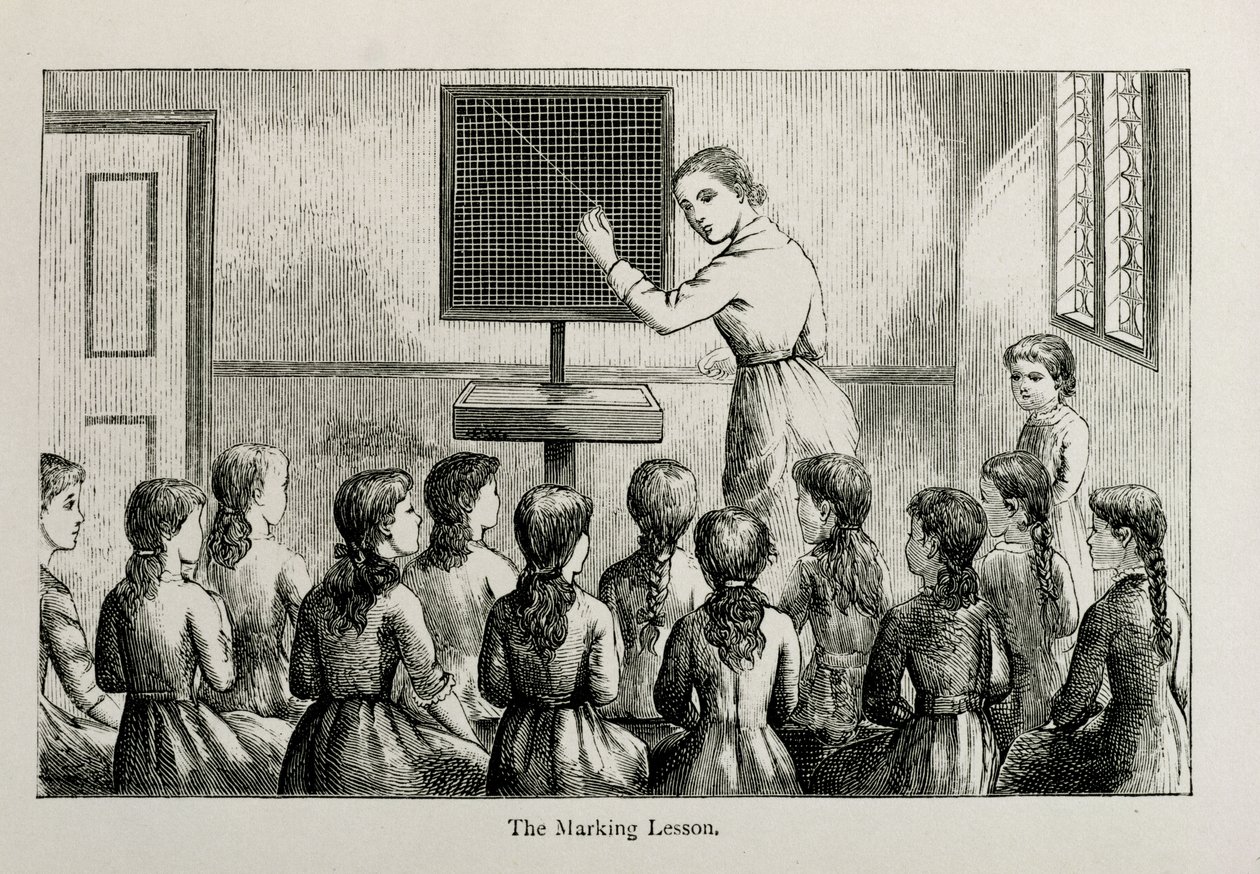 De Markeerles, illustratie uit A Manual of Collective Lessons in Plain Needlework and Knitting, gegraveerd door W.P. en R. Cheshire, gepubliceerd 1885 door Helen K. Brietzcke