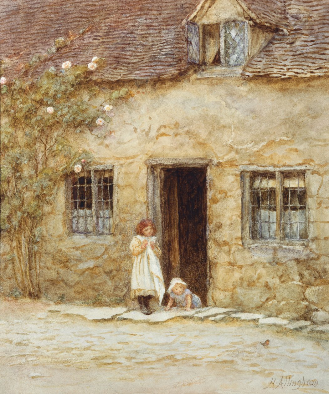 Bij de Cottage Deur door Helen Allingham
