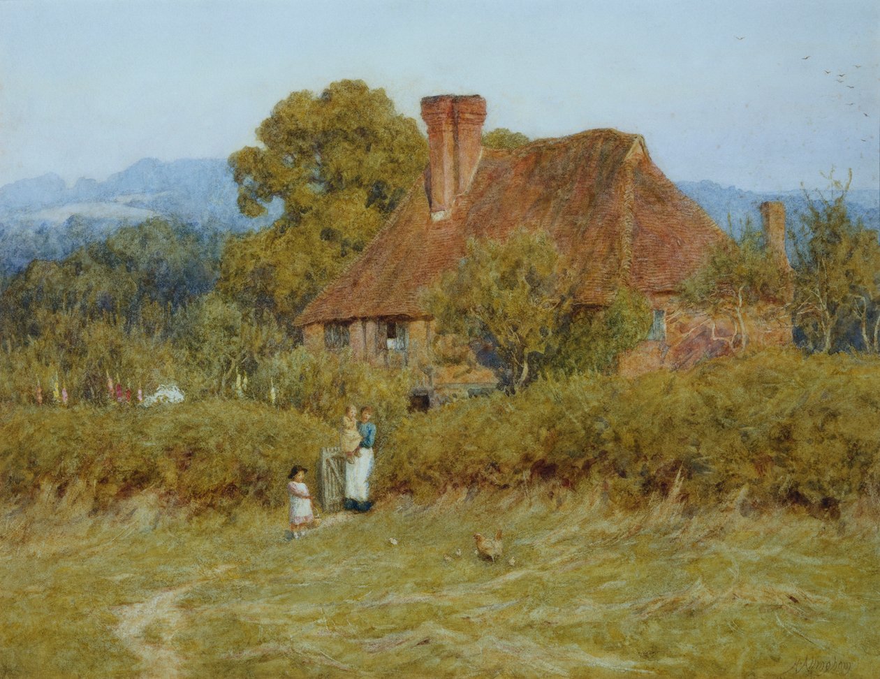 Cottage bij Broadham Green, Surrey, in Zonsonderganglicht door Helen Allingham