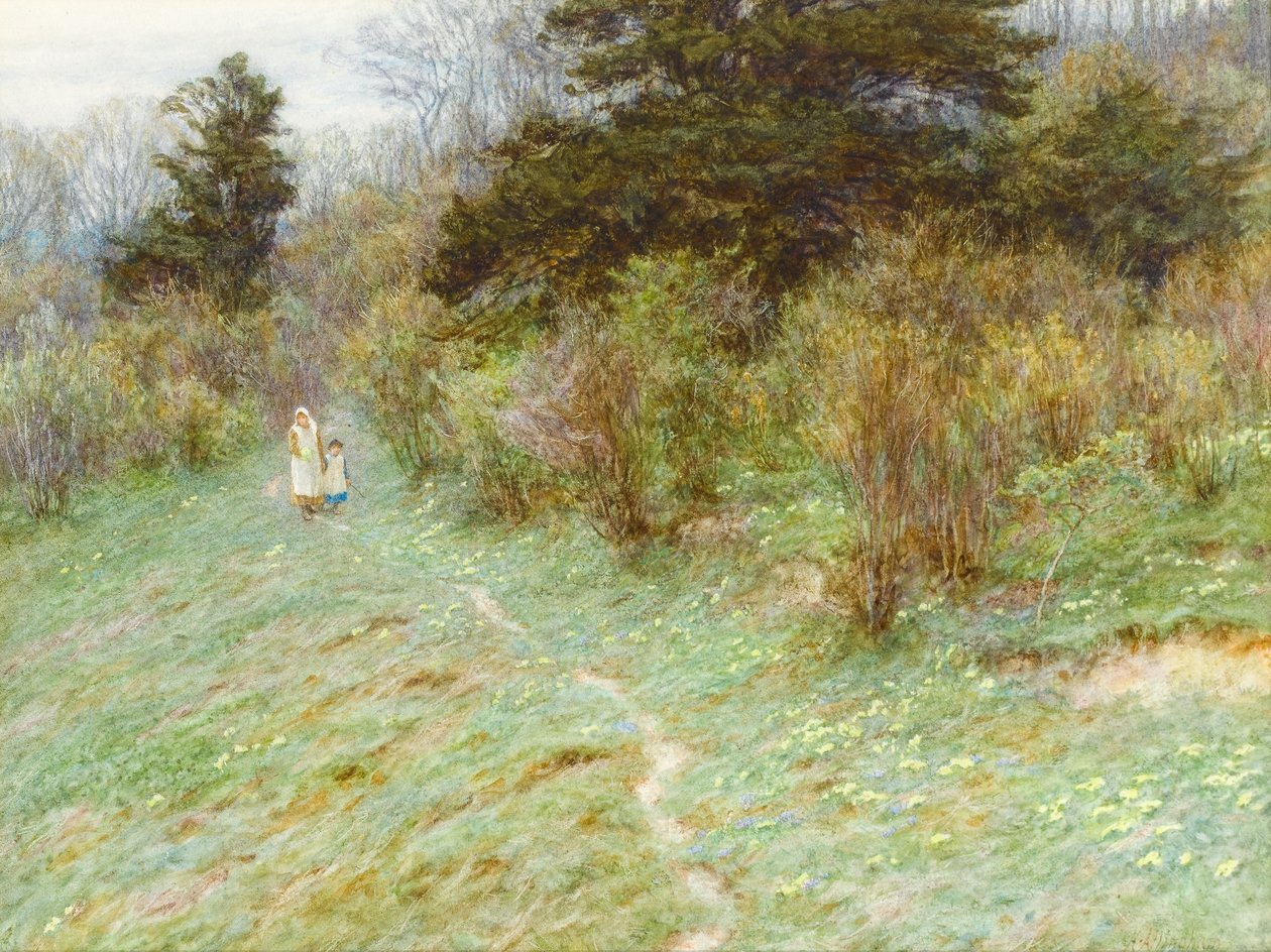 Sleutelbloemen op een heide in Surrey door Helen Allingham