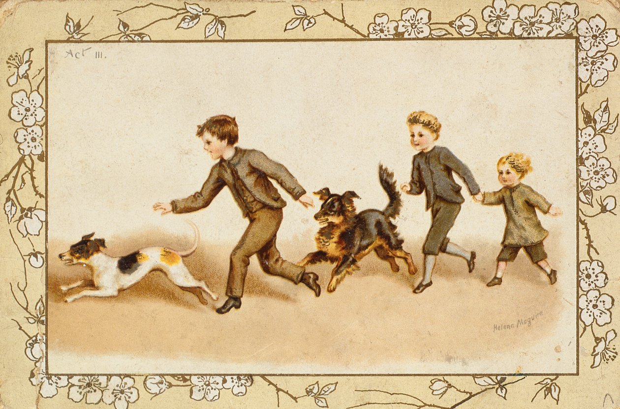 Wenskaart met kinderen die met hun honden spelen door Helena J. Maguire