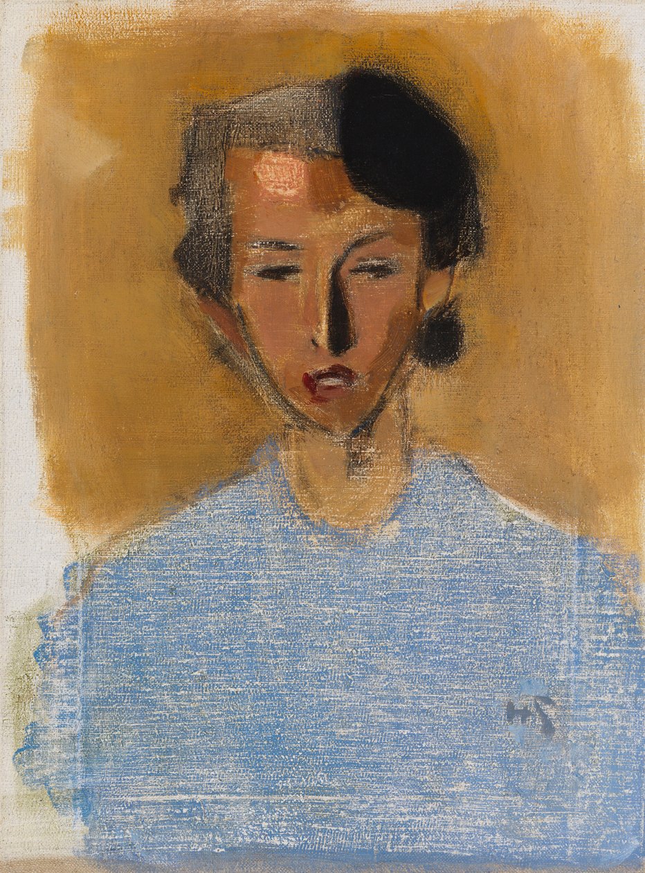 Portret van een meisje in blauw en bruin (Inez) door Helene Schjerfbeck