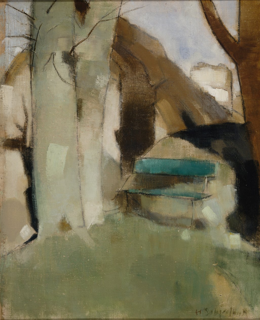 Schaduw op de muur II Groene Bank, 1928 door Helene Schjerfbeck