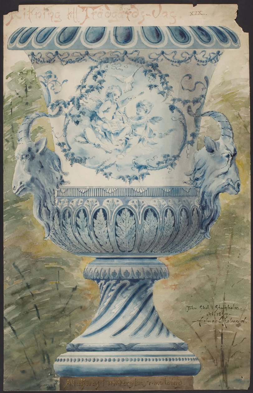 Grote blauwe urn met twee geitenkoppen door Helmer Osslund