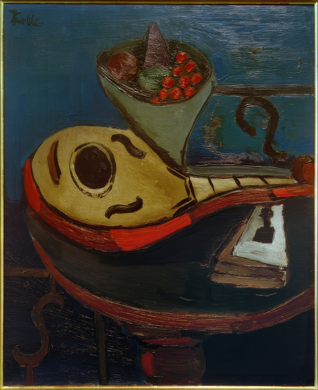 Stilleven: Mandoline en schaal met fruit op een tafel door Helmut Kolle