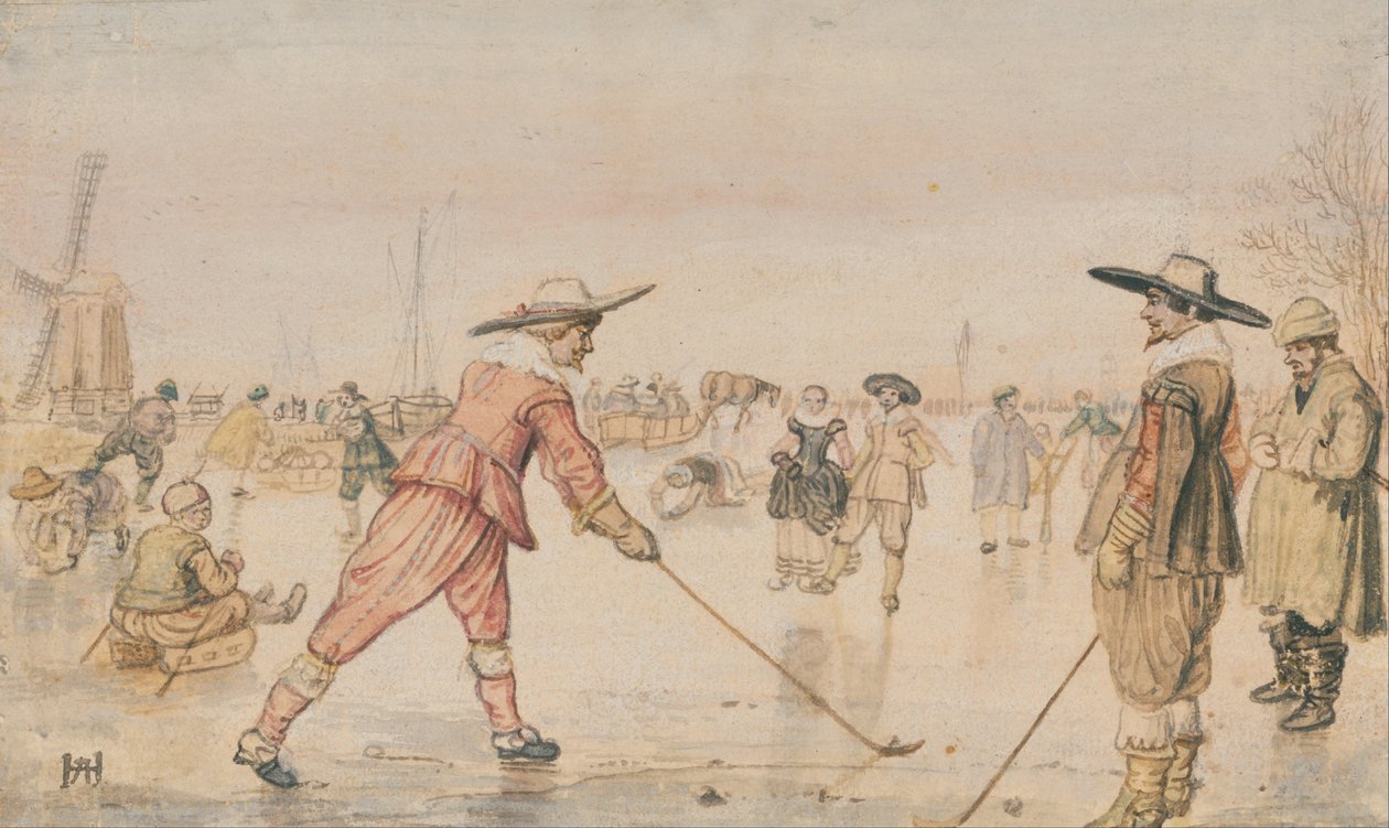 Een winters tafereel met twee heren die colf spelen door Hendrick Avercamp