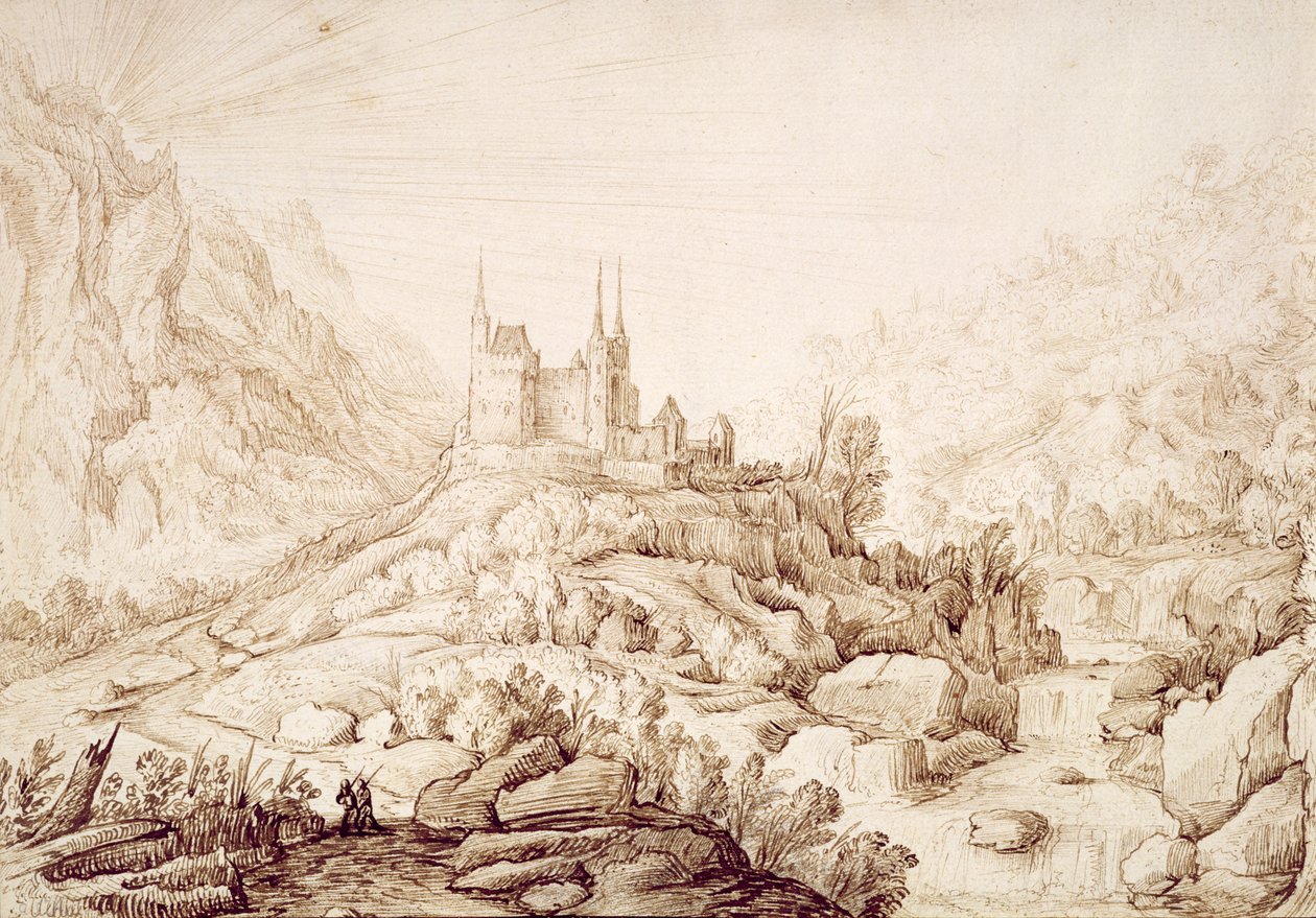 Bergachtig landschap met een kasteel, ca. 1589 door Hendrick Cornelisz. Vroom