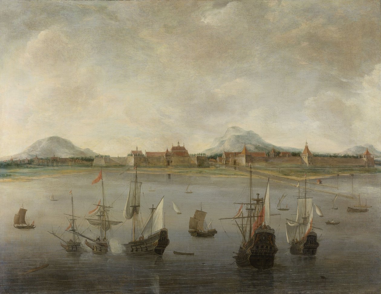 Uitzicht op Batavia met het bergketen van de Salak, Pangerango en Gede. 1640-76 door Hendrick Dubbels