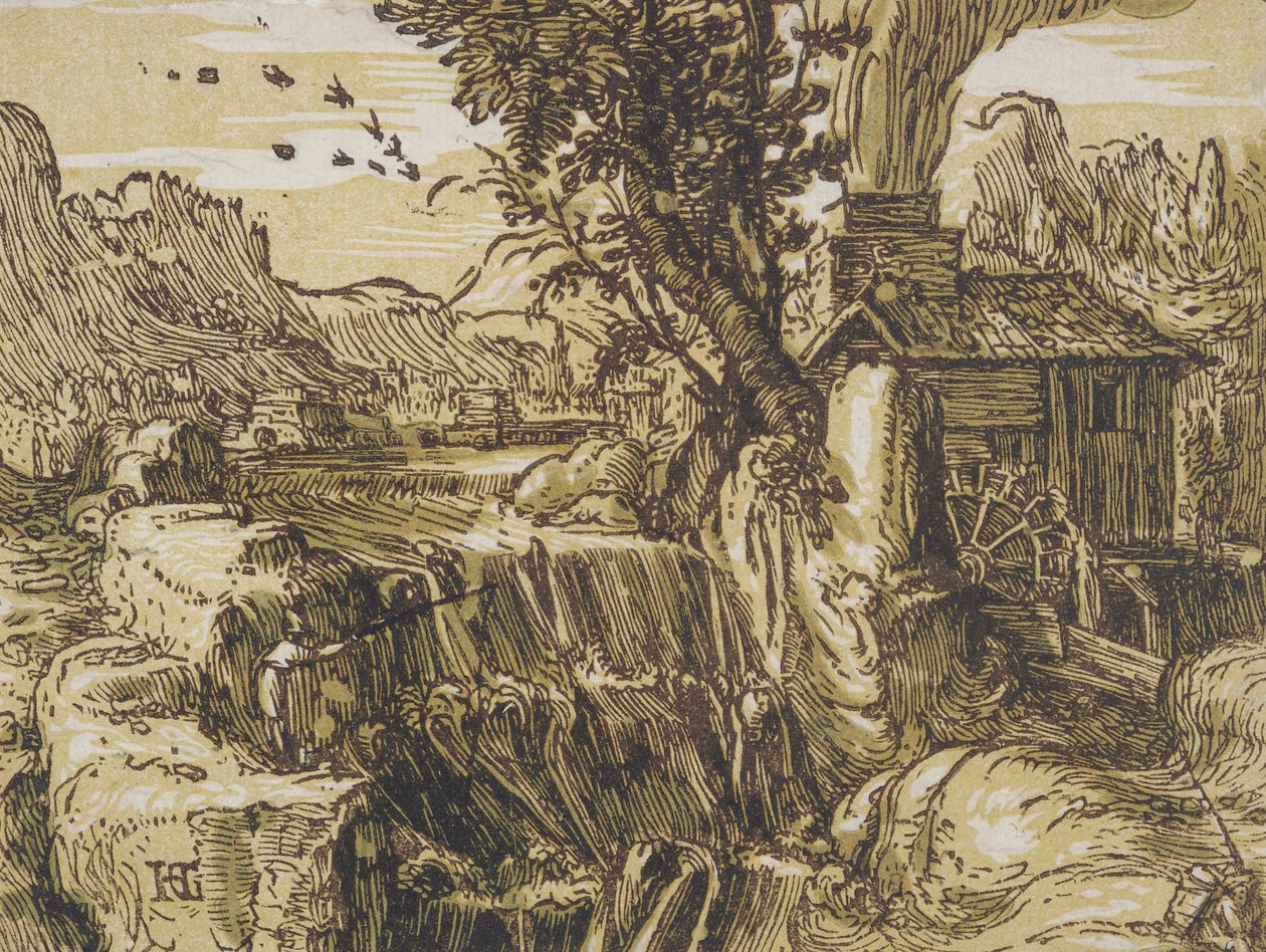 Landschap met een Waterval door Hendrik Goltzius
