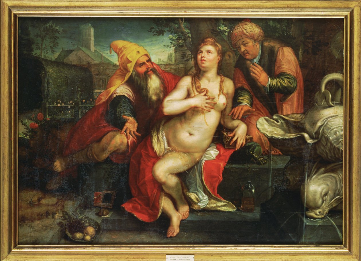 Susannah en de ouderen ... (schilderij op hout) door Hendrick (attr. to) Goltzius