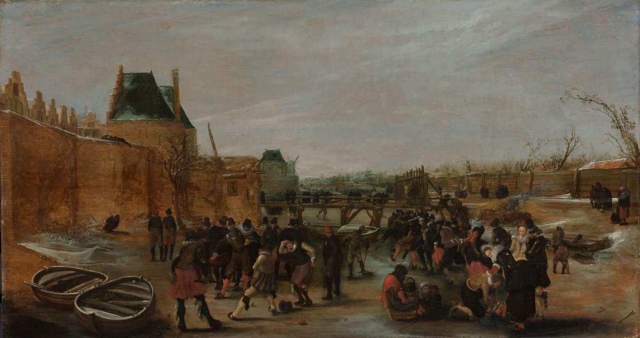 Pret op een bevroren kanaal in een stad door Hendrick Avercamp (copy after)