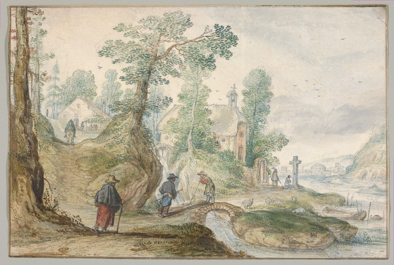 Een bosrijk rivierlandschap met een kerk en figuren door Hendrick Avercamp
