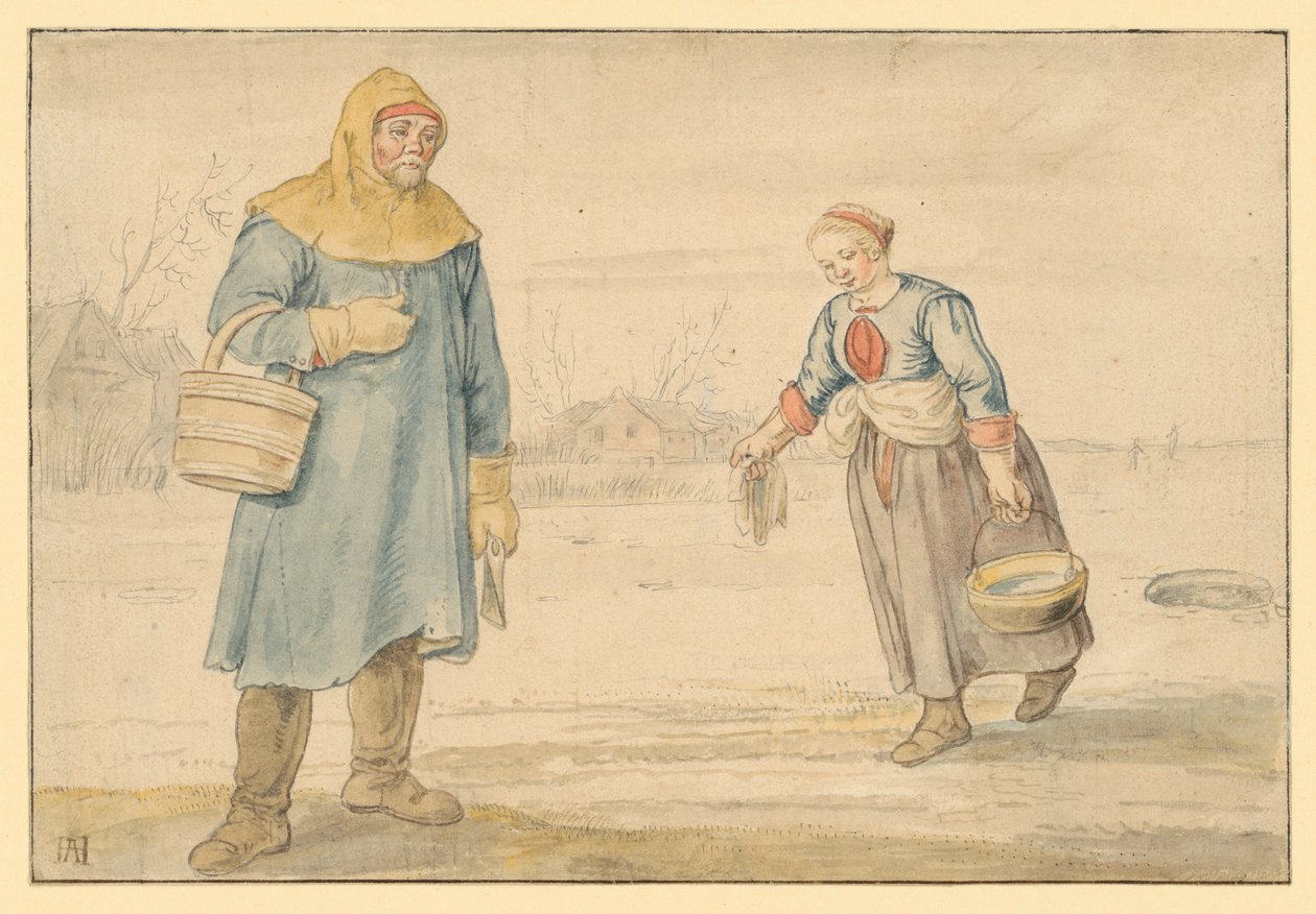 Boerenpaar op het ijs door Hendrick Avercamp