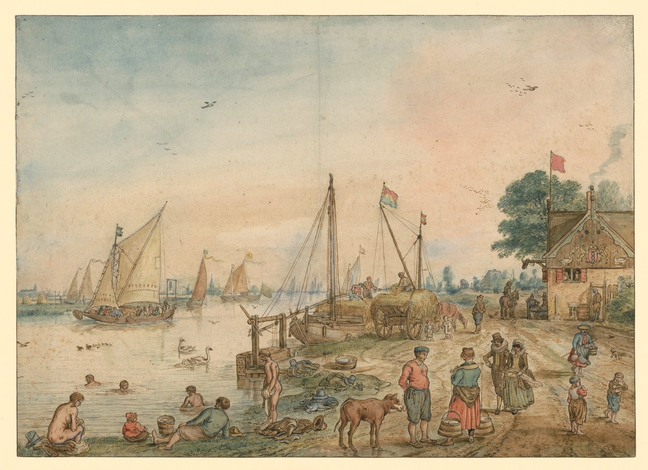 De zomer: rivierlandschap met badgasten door Hendrick Avercamp
