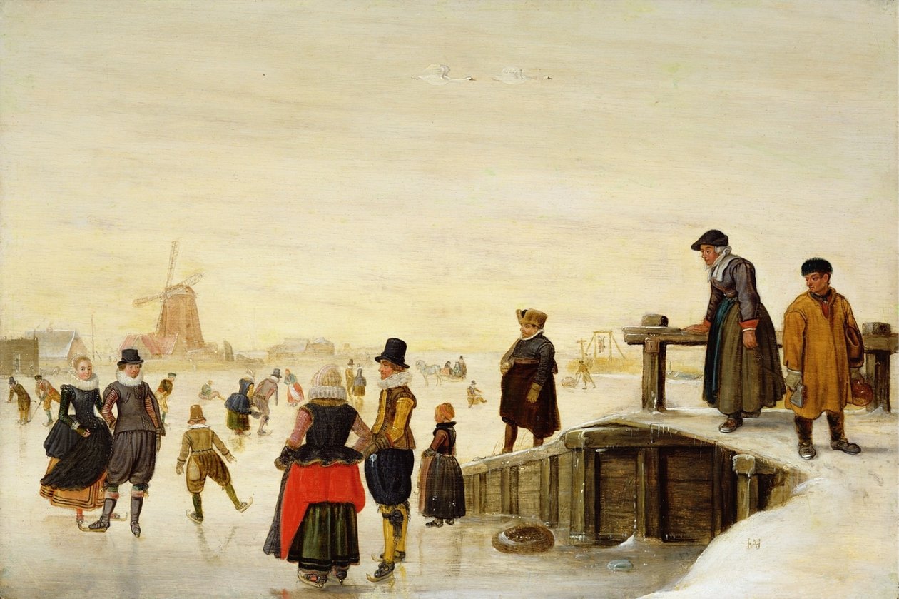 Figuren schaatsen in een Nederlands landschap door Hendrick Avercamp