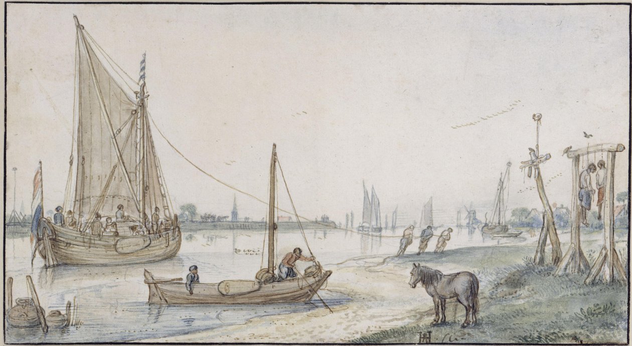 Rivierlandschap, met een zeilschip dat op de golfslag meedeint; rechtsvoor een galg met twee opgehangen personen door Hendrick Avercamp