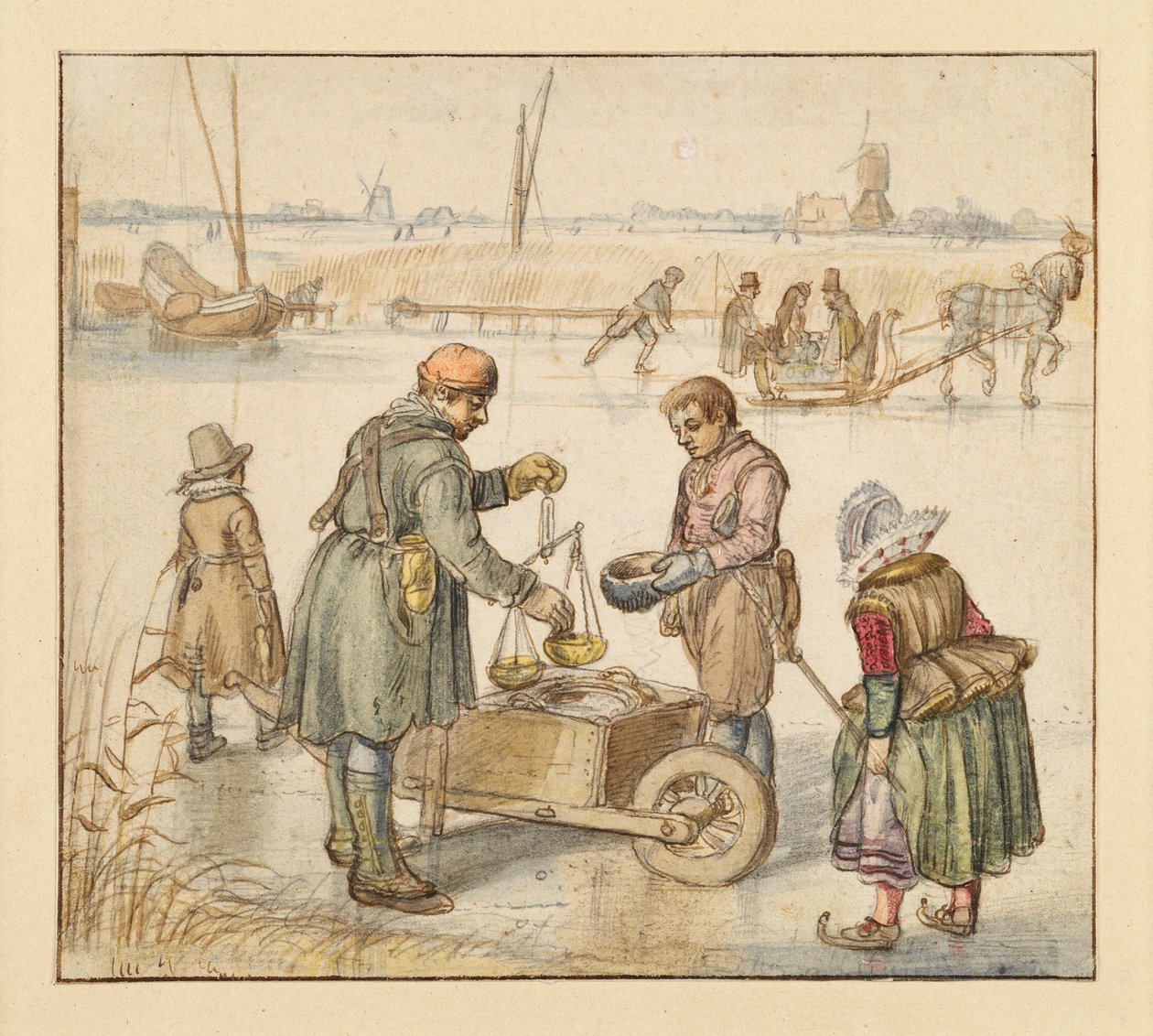 Handelaars op het ijs door Hendrick Avercamp