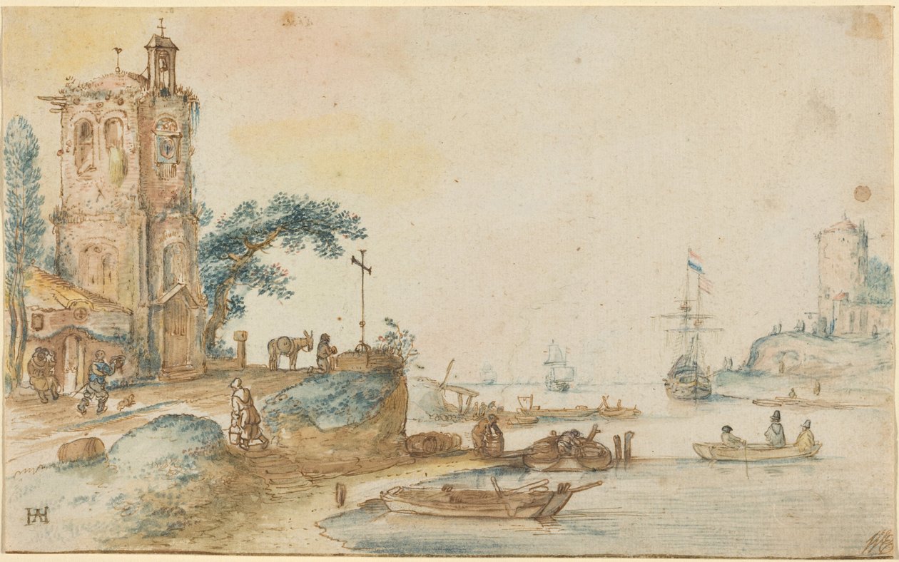 Scène met een toren links door Hendrick Avercamp