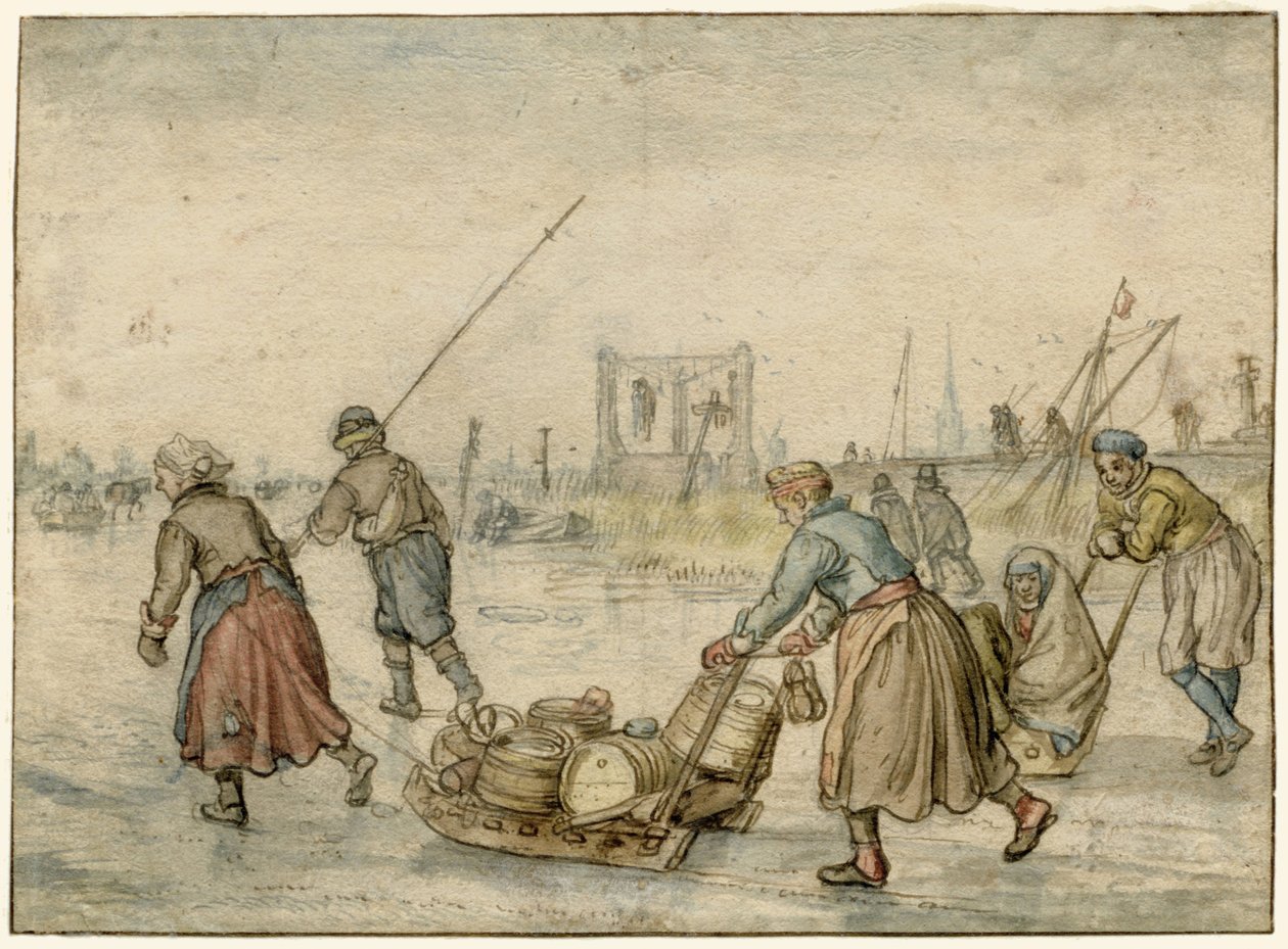 Winterlandschap met twee vrouwen en een slee en andere figuren op het ijs, een galg in de verte door Hendrick Avercamp