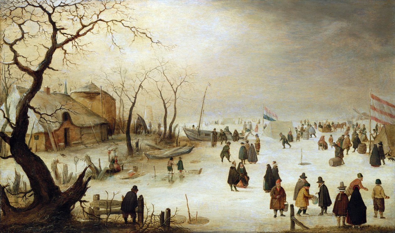Winterlandschap met figuren en tenten op het ijs door Hendrick Avercamp