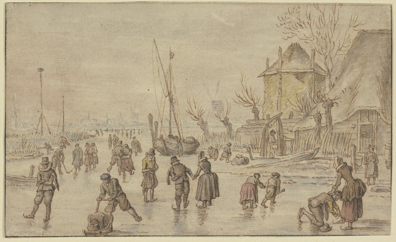 Winterlandschap, op het ijs zijn veel schaatsers, rechts maakt een man de schaatsen van een vrouw vast door Hendrick Avercamp