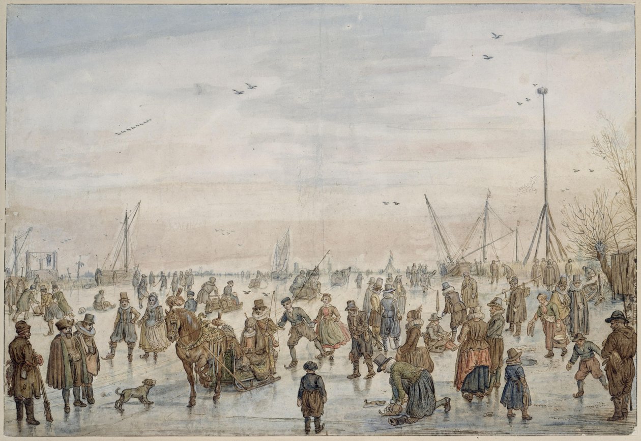 Winterlandschap bij zonsondergang door Hendrick Avercamp