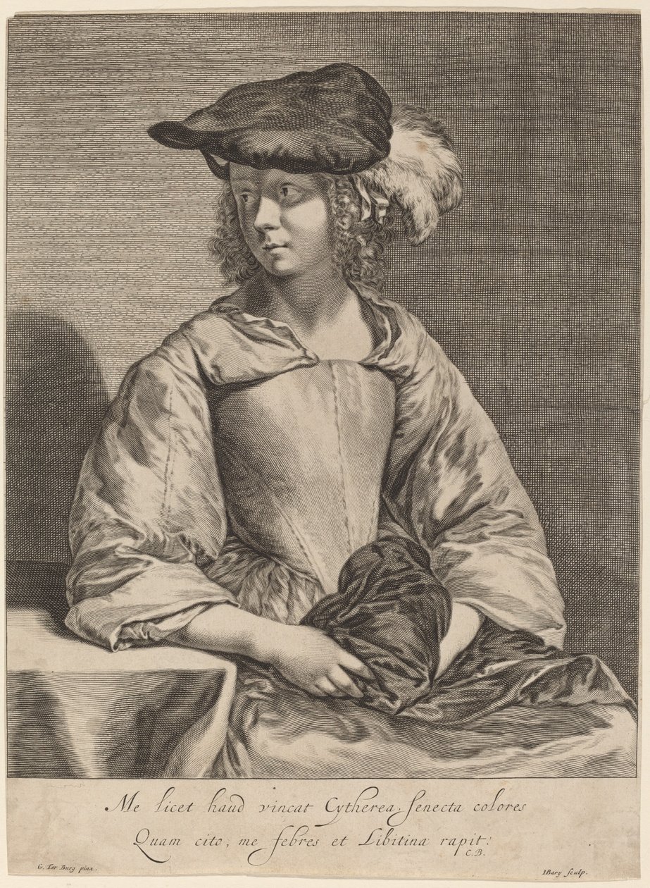 Meisje met een gevederde hoed door Hendrick Bary after Gerard ter Borch the Younger