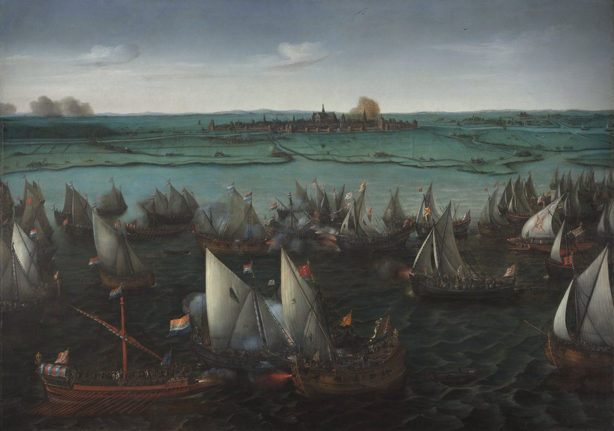 Slag tussen Nederlandse en Spaanse schepen op het Haarlemmermeer door Hendrick Cornelisz. Vroom