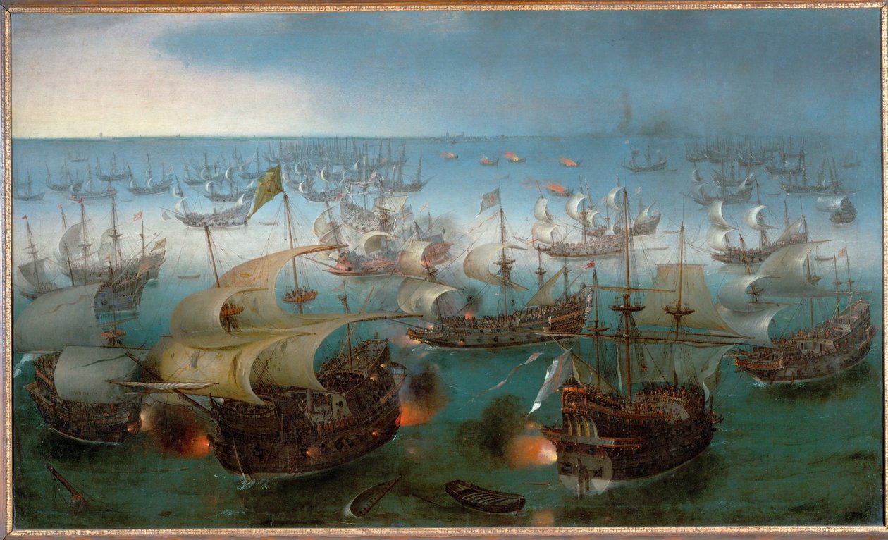 Zeeslag tussen de Spaanse Armada en de Engelse zeestrijdkrachten (olieverf op doek) door Hendrick Cornelisz Vroom