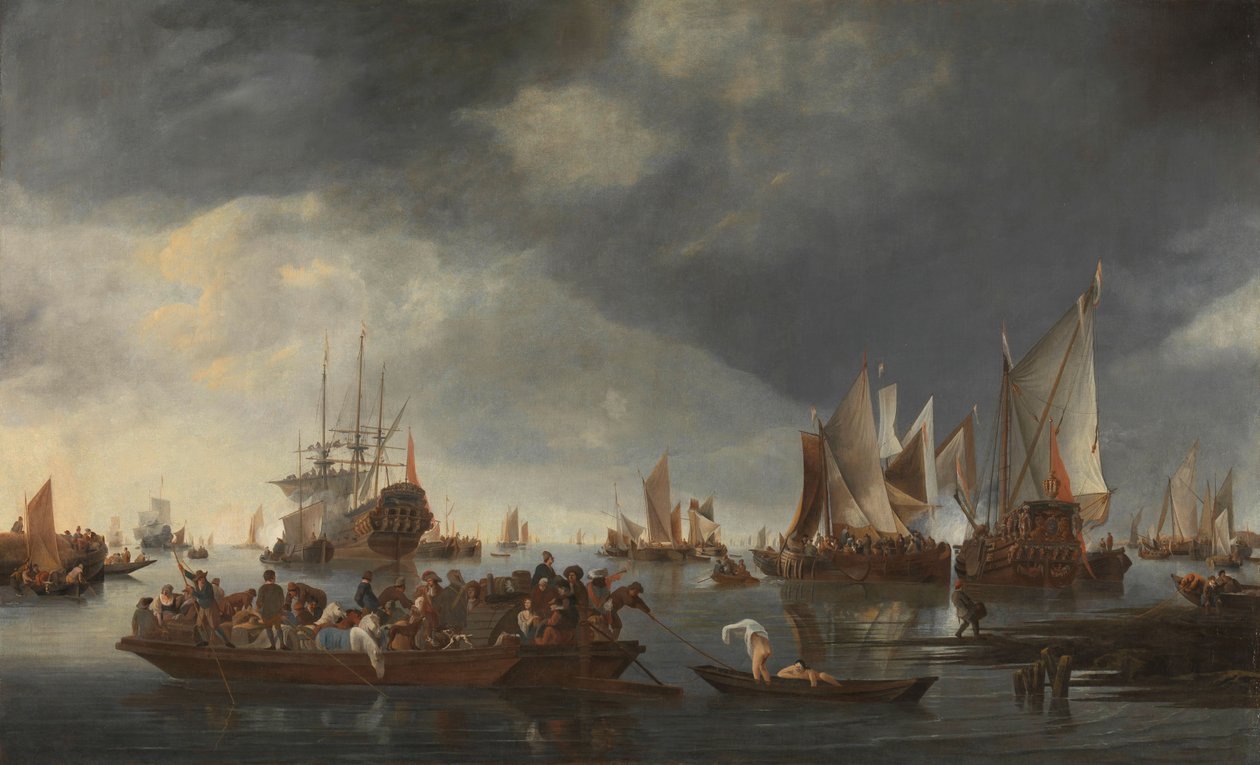 Haven met zeilboten en veerboot door Hendrick Dubbels