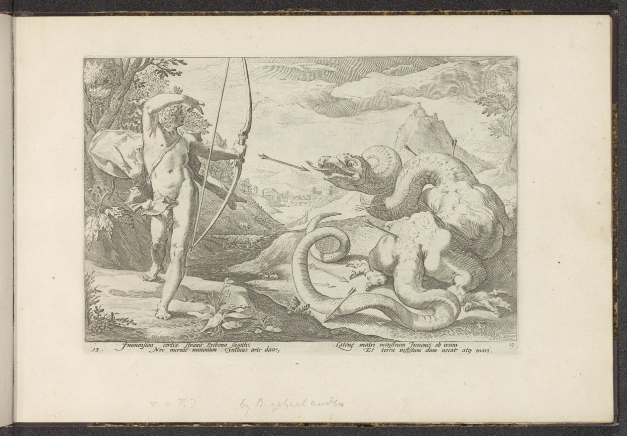 Apollo doodt de reuzenslang Python door Hendrick Goltzius (workshop of)