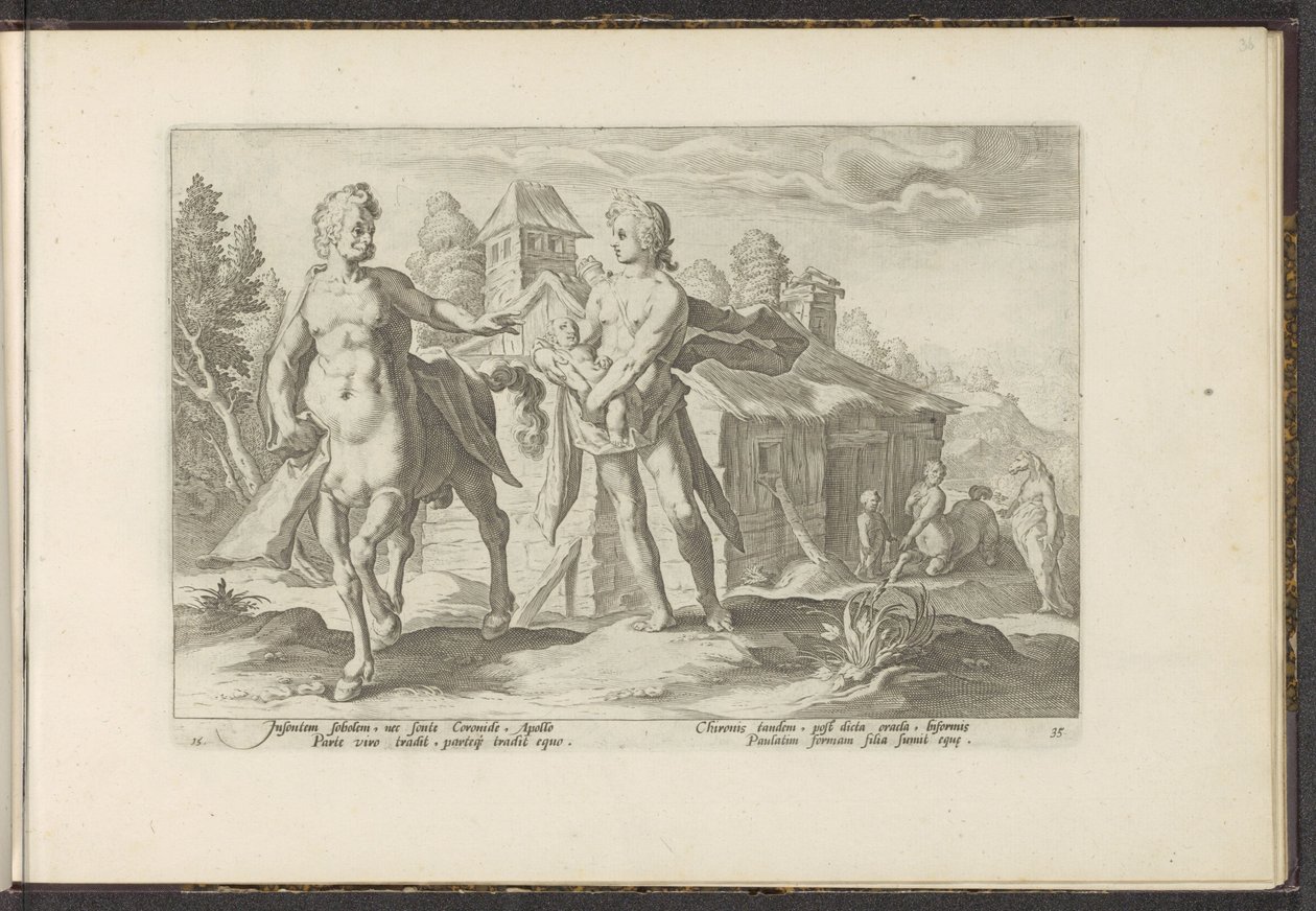 Apollo vertrouwt Asclepius toe aan Chiron door Hendrick Goltzius (workshop of)