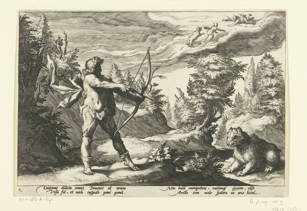 Arcas richt zijn pijl op Callisto door Hendrick Goltzius (workshop of)