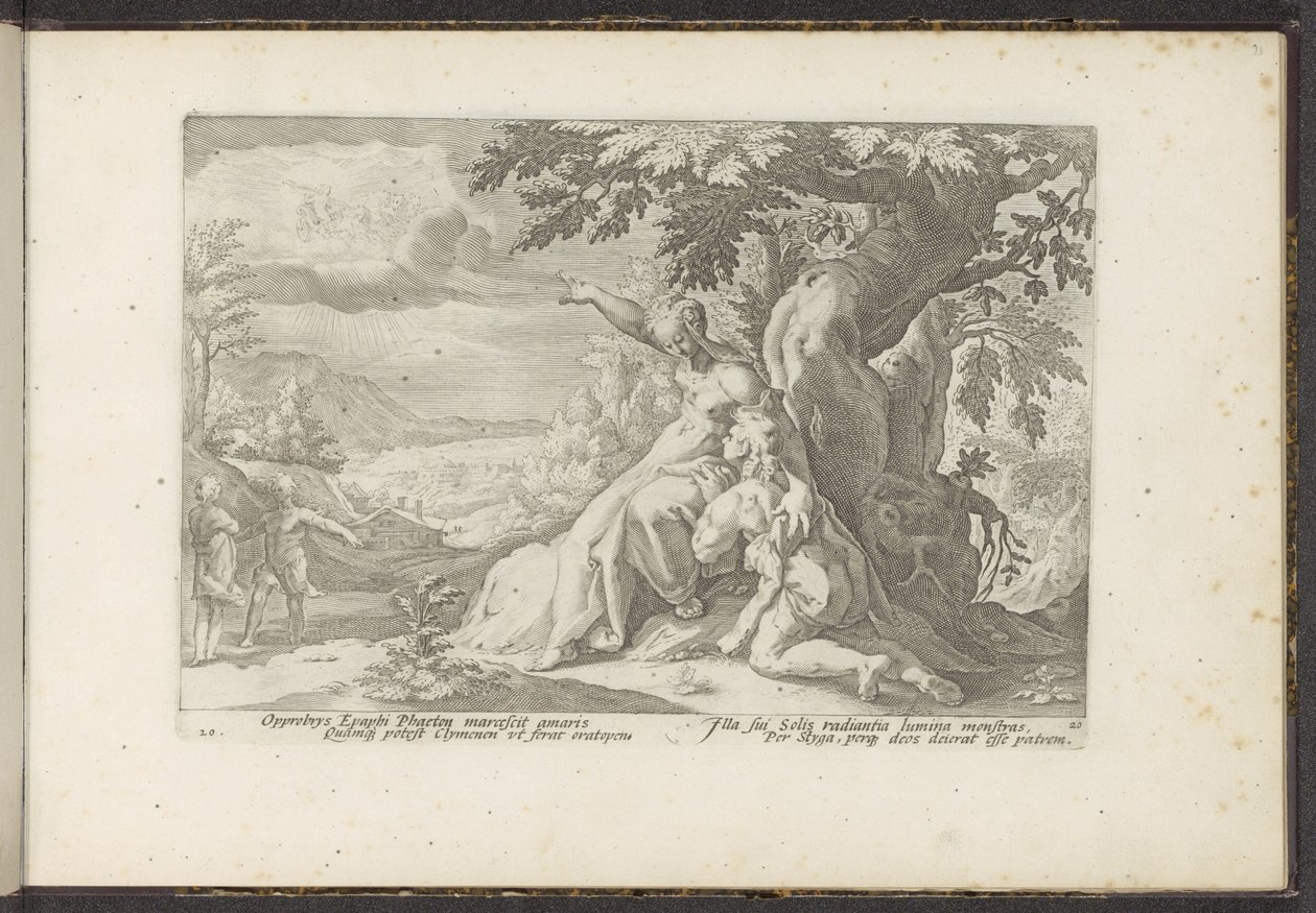 Clymene wijst Phaëthon zijn vader, de zonnegod door Hendrick Goltzius (workshop of)