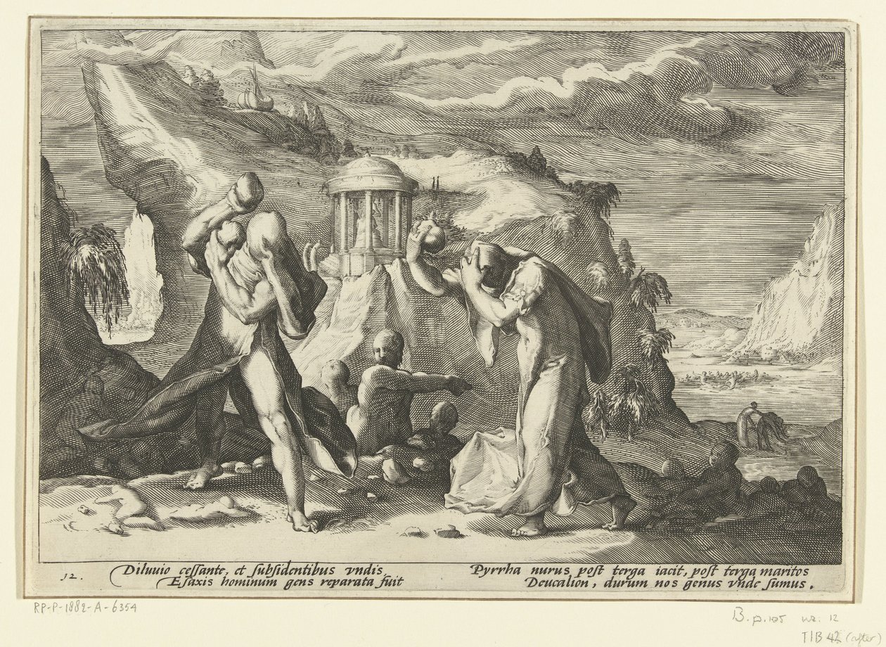 Deucalion en Pyrrha scheppen een nieuw mensenras door Hendrick Goltzius (workshop of)