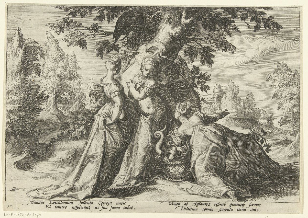 Dochters van Cecrops openen de mand van Minerva door Hendrick Goltzius (workshop of)