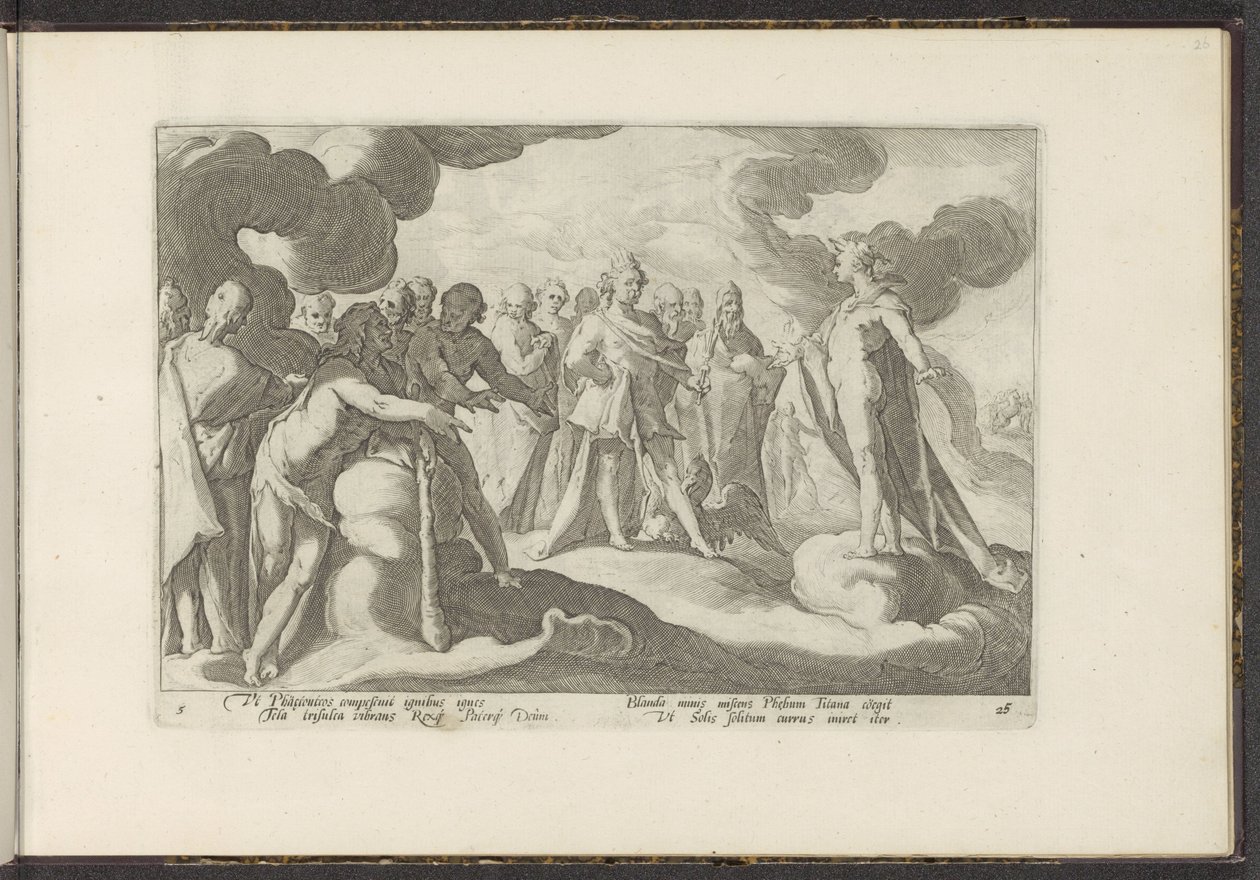 Goden verzoeken de zonnegod om weer in zijn wagen te rijden door Hendrick Goltzius (workshop of)