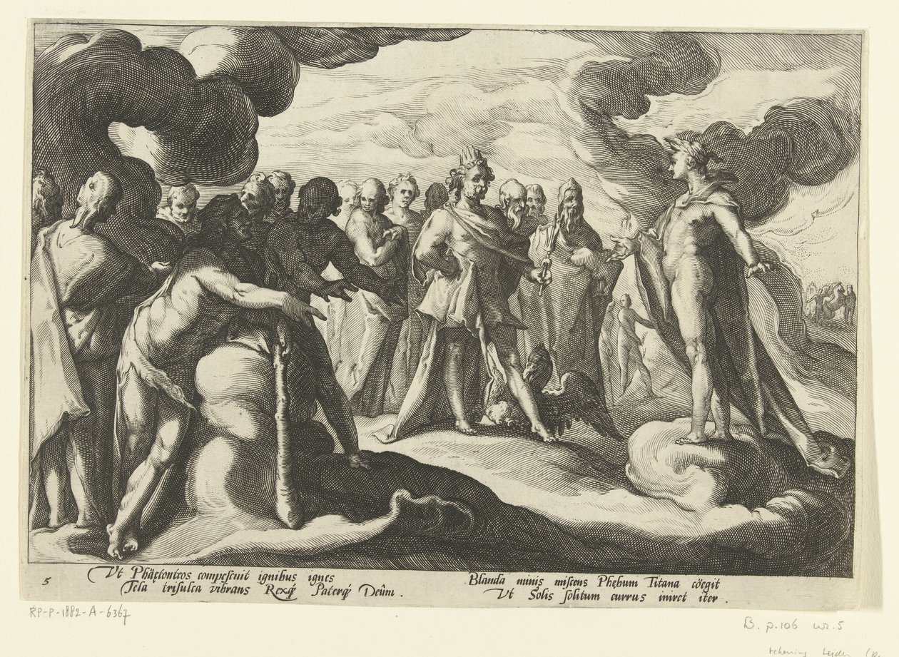 Goden verzoeken de zonnegod om weer in zijn wagen te rijden door Hendrick Goltzius (workshop of)