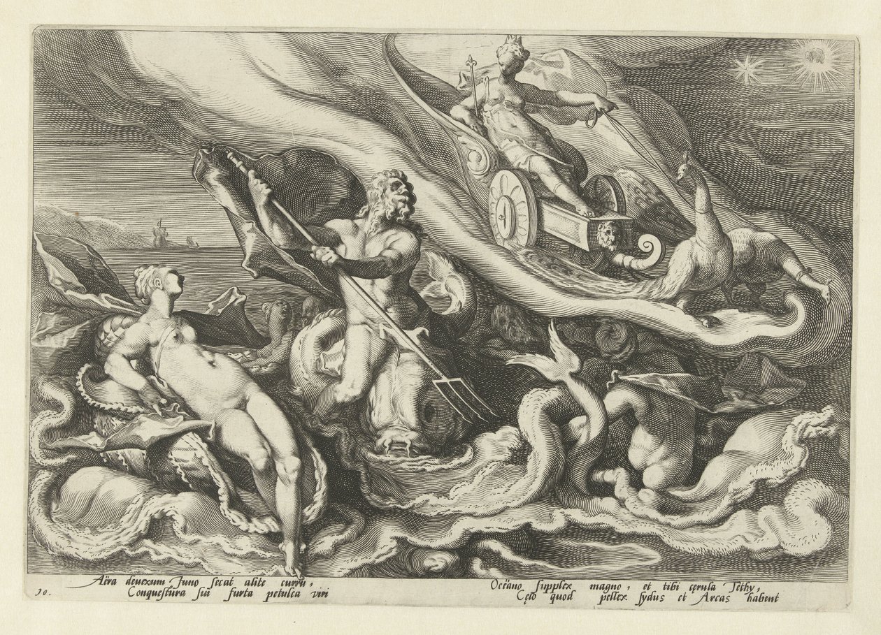 Juno beklaagt zich bij Thetis en Oceanus door Hendrick Goltzius (workshop of)