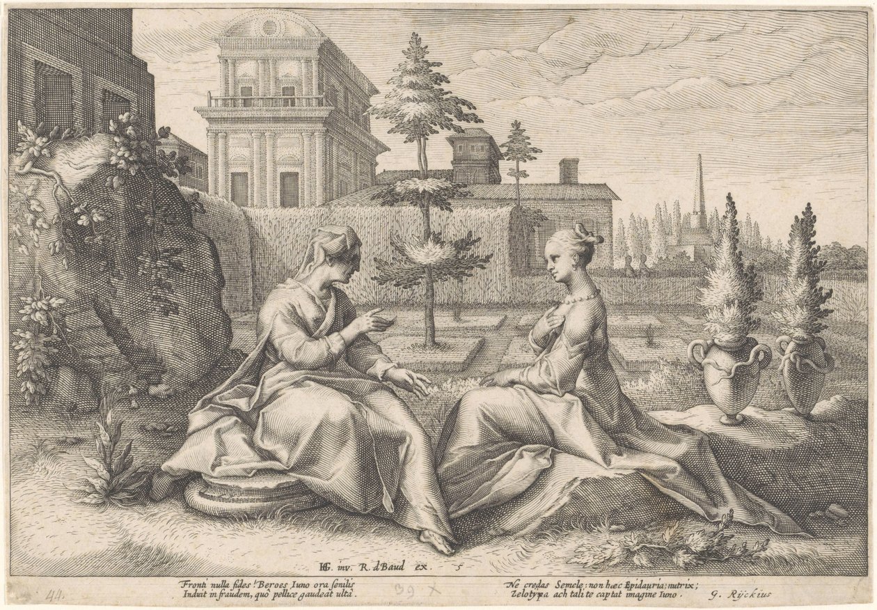 Juno benadert Semele in de gedaante van Beroë door Hendrick Goltzius (workshop of)