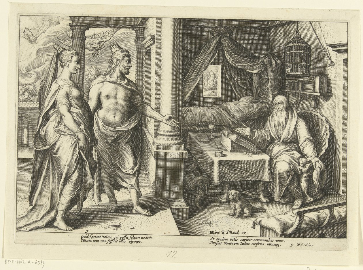 Juno en Jupiter gaan te rade bij Tiresias door Hendrick Goltzius (workshop of)