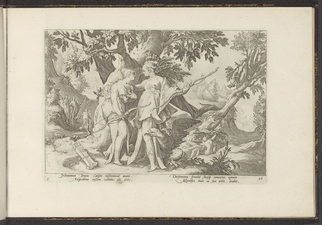 Jupiter verleidt Callisto in de gedaante van Diana door Hendrick Goltzius (workshop of)